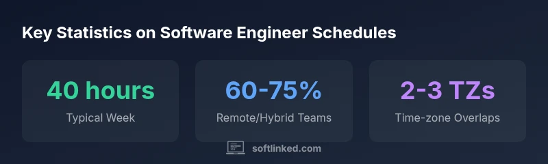 Infographic showing typical software engineer work hours and remote work distribution for 2026