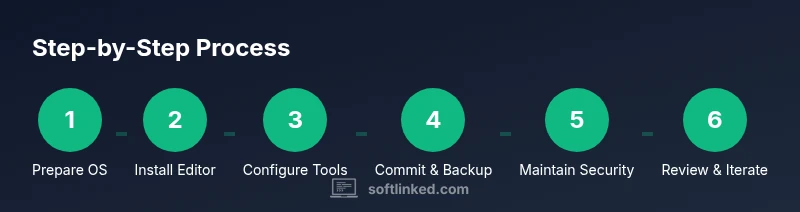 Illustration of a laptop on a desk with code editor open, representing a developer workspace