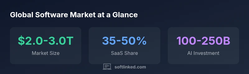 Infographic showing global software market size, SaaS share, and AI investment for 2026