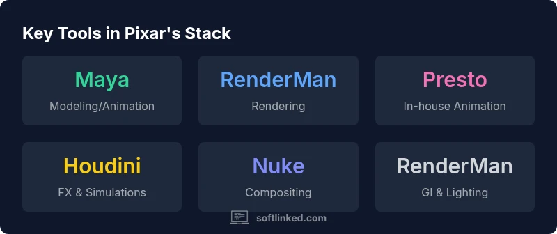 Infographic of Pixar's production stack showing Maya, RenderMan, Presto, Houdini, and Nuke