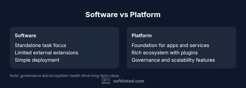 Infographic contrasting software vs platform showing definitions and ecosystem