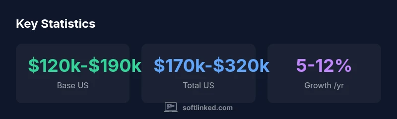 Salary infographic showing base and total compensation ranges for senior software engineers in 2026